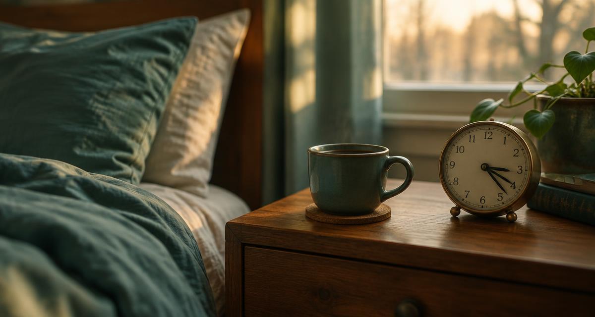 cup of coffee on a bedside table next to an afternoon clock, caffeine and sleep