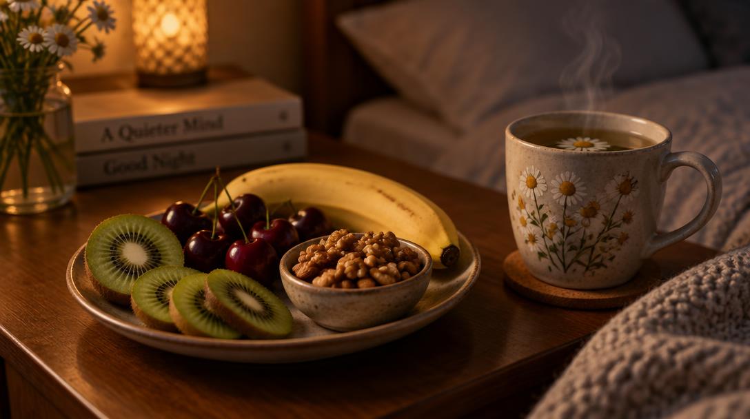 Sleep-friendly foods like kiwi, cherries, almonds and herbal tea on a bedside table