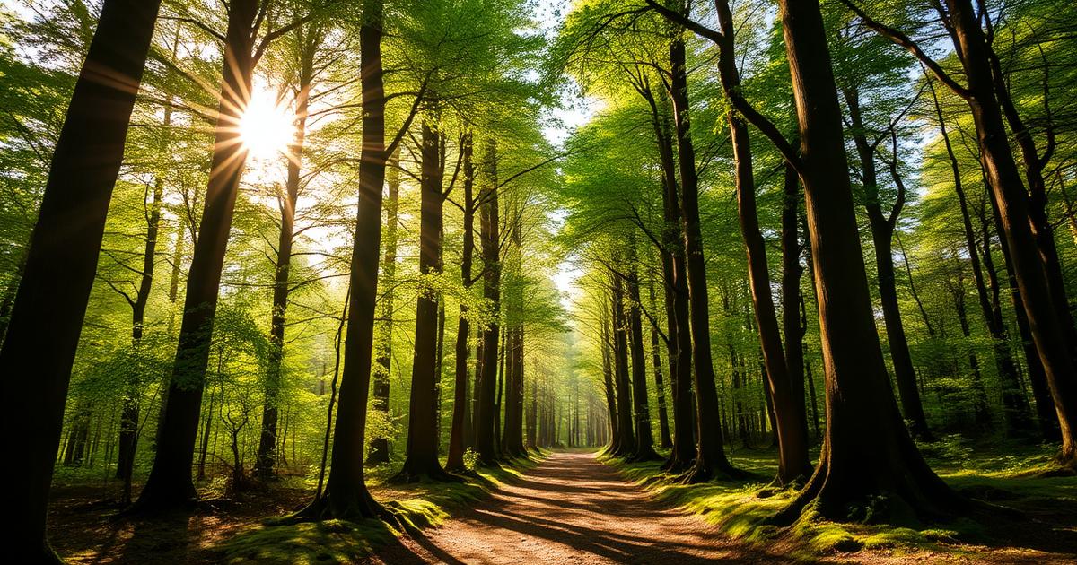 sunlit green forest path for forest bathing and shinrin-yoku practice