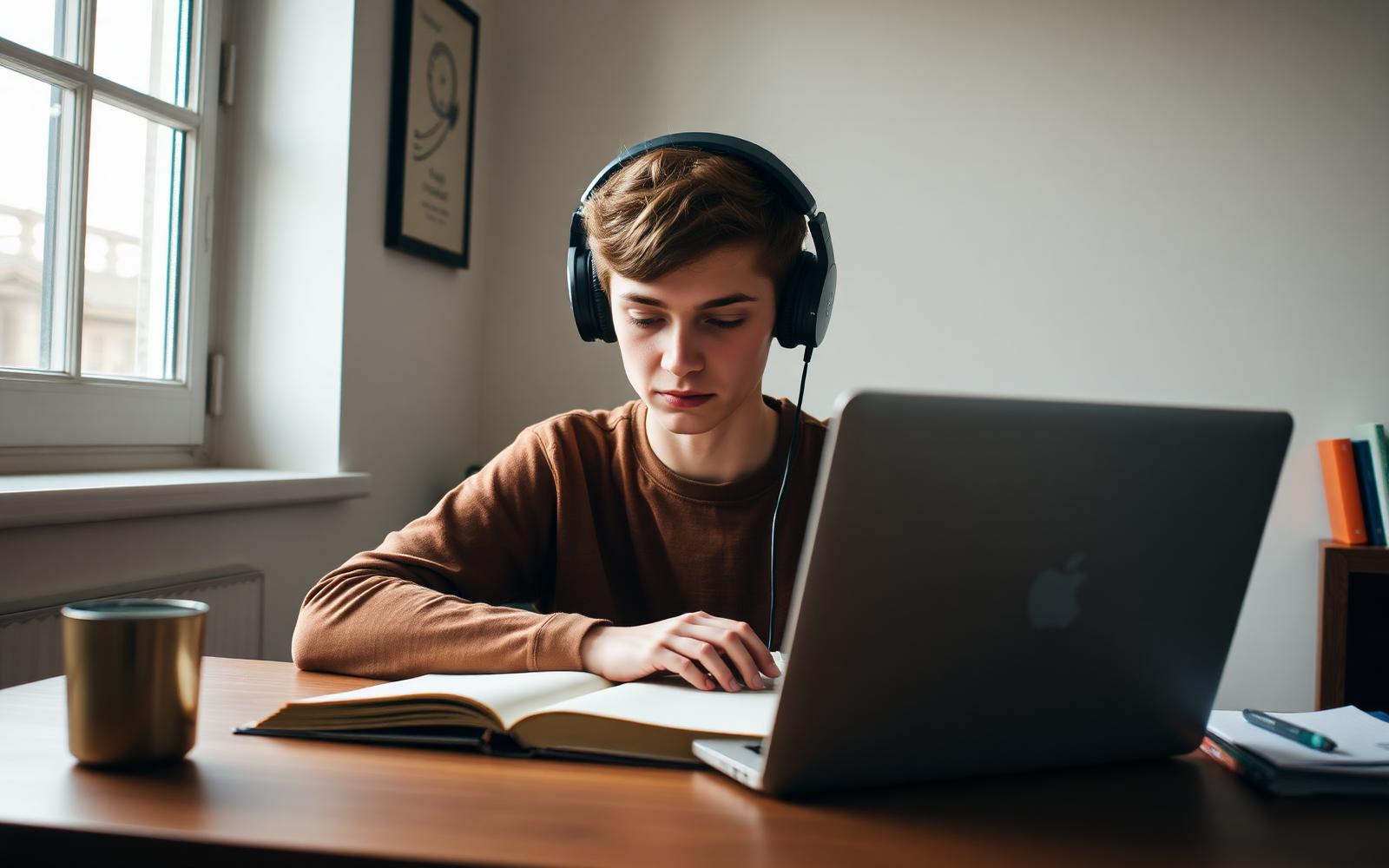 Student studying with headphones listening to focus music