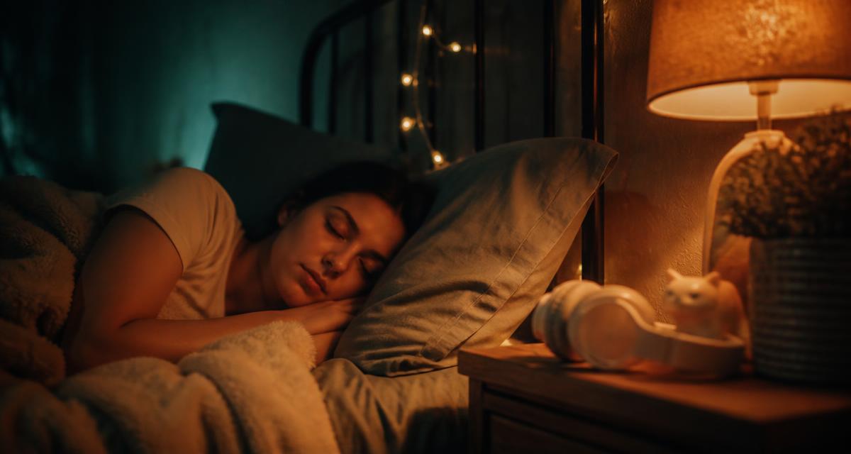 Person relaxing in bed listening to calming music at night under warm dim light