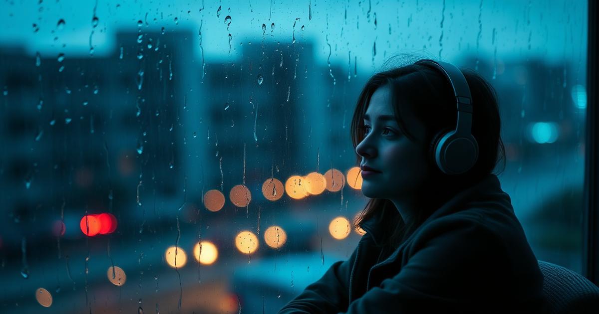 person listening to sad music by a rainy window feeling comforted